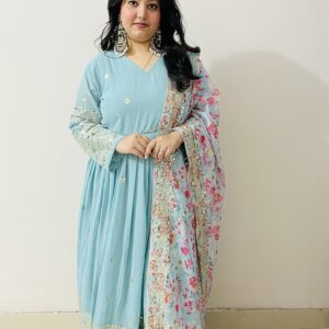Embroidered Anarkali Gown with Floral Dupatta