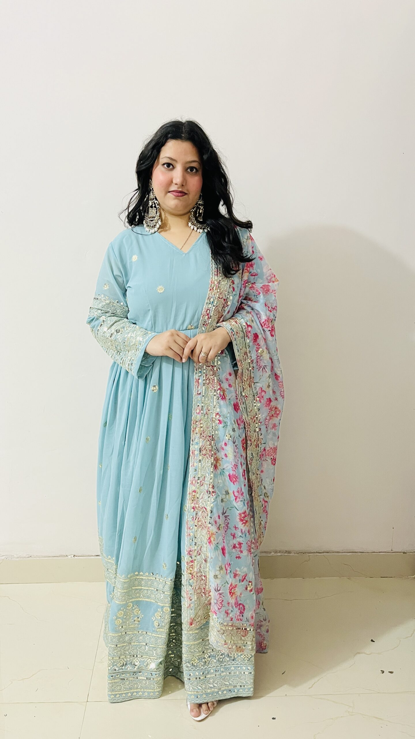 Embroidered Anarkali Gown with Floral Dupatta