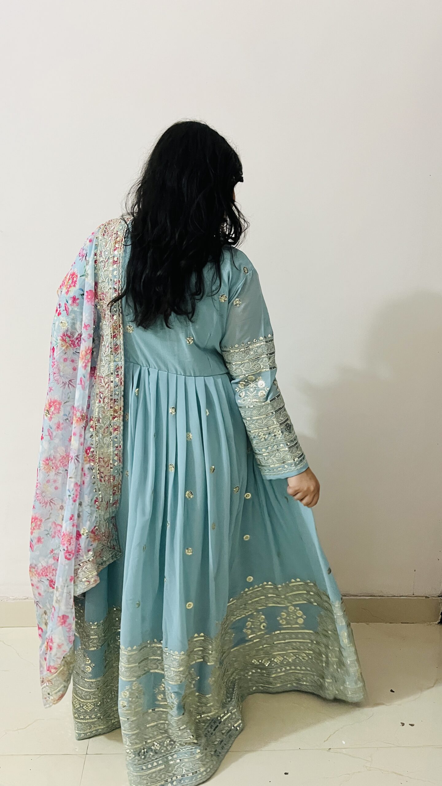 Embroidered Anarkali Gown with Floral Dupatta - Image 4