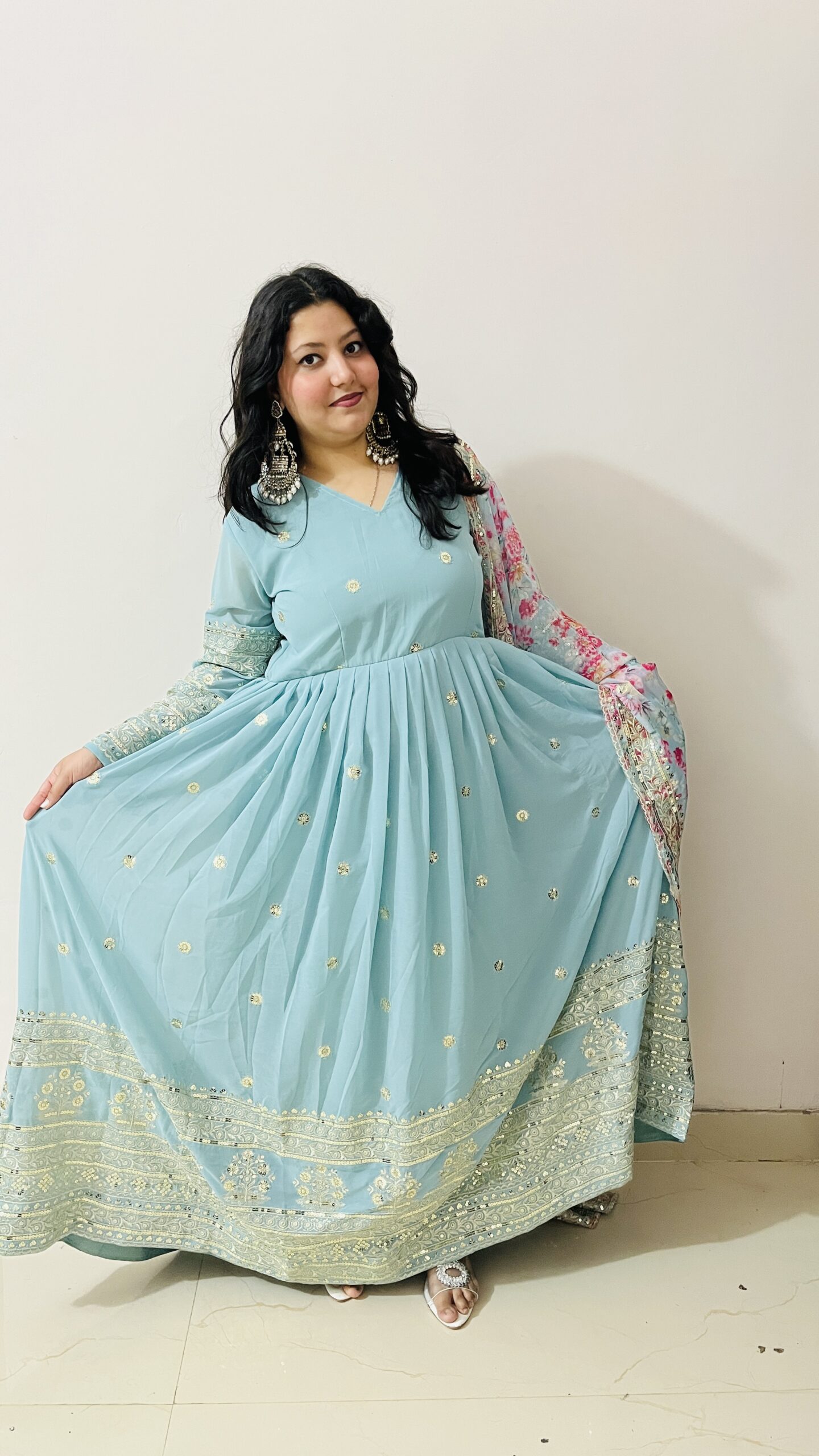 Embroidered Anarkali Gown with Floral Dupatta - Image 3